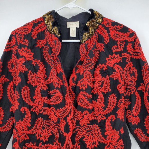 Chico's Red and Black Collectibles Embroidered Paisley Print Jacket M Petite - Picture 11 of 12